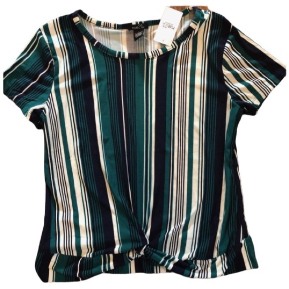 NWT RUE 21 NAVY/GREEN TWISTED WAIST TOP LARGE